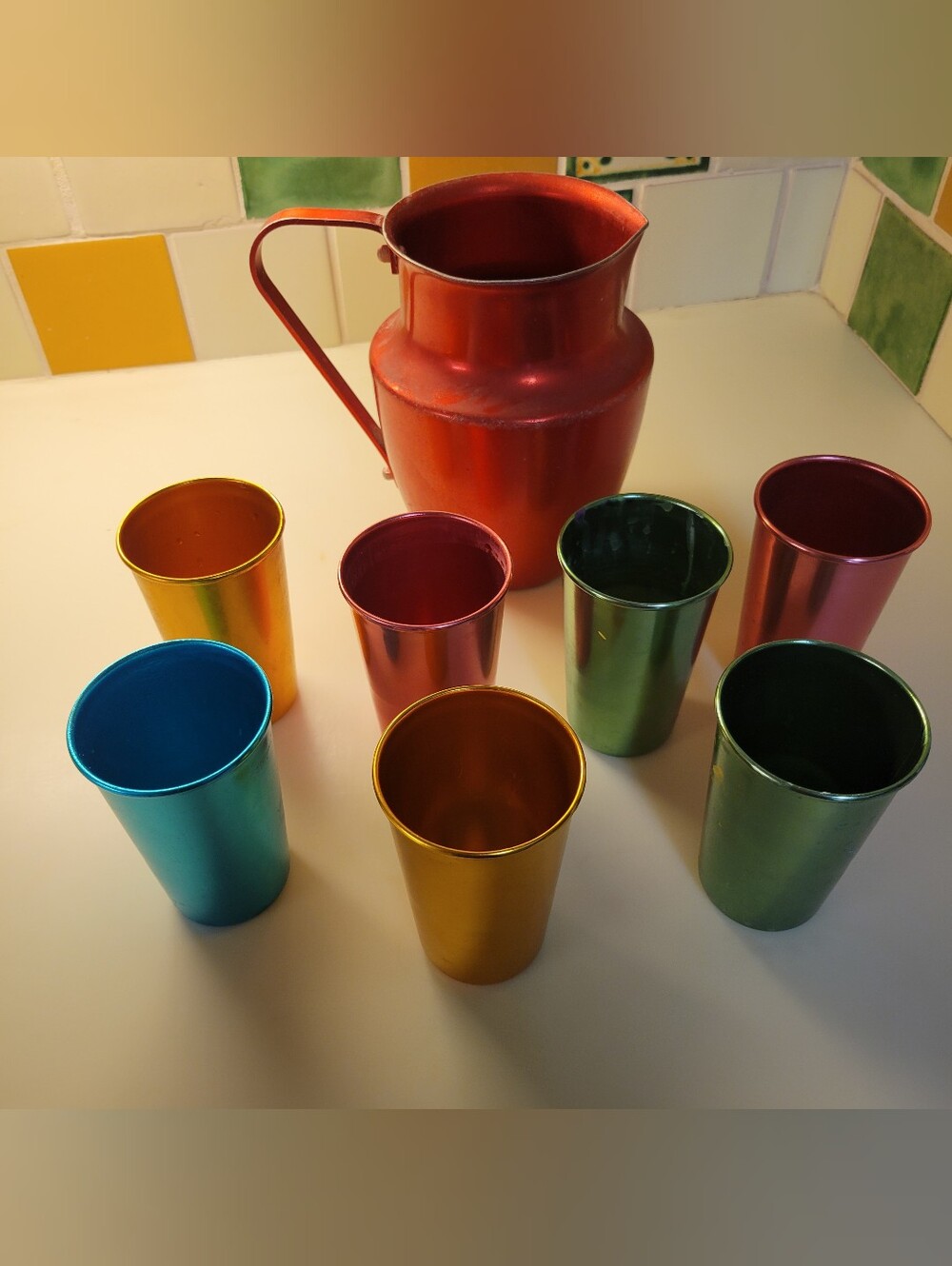 Vintage Norben Ware Red Aluminum Pitcher With 7 Tumblers